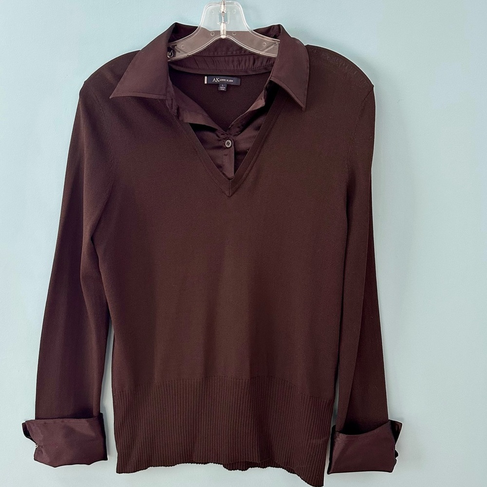 Anne Klein Chocolate Brown Multi-media Long Sleeve Top